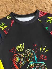 Tween Boys2pieces,Knit Fabric,Game Controller Print,Round Collar,Short Sleeves,Swimwear,Travel,Relax,Sunbathing,Water-Resistant,Sun,Summer,Anti-Uv,Sun Protection,Swim,Beach,Sea,Holiday,Vacationsummer Tween Boy Swim Sets Graphic Swim Set Boys Bathing Suit Boys Rash Guard Set Kids Gaming Swim Set - Multicolor - View 5