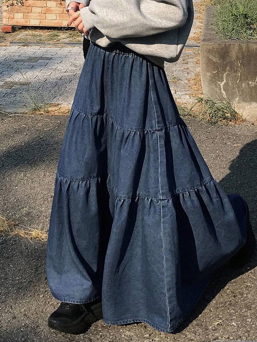 FRIFUL 女士时尚休闲长款牛仔裙 - 藍色 - 查看 1