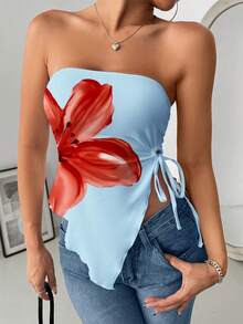 INAWLY Top bandeau con estampado floral y dobladillo asimétrico retorcido para mujer - Celeste - Ver 3