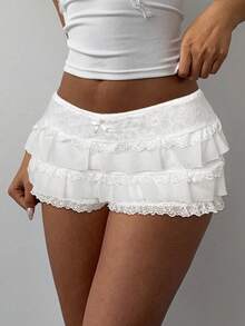 Aloruh Quần short mini bó sát cạp cao, viền ren ngọt ngào, nhiều lớp, phong cách Y2K dành cho nữ, thu/đông - trắng - Xem 5