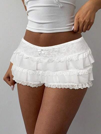 Aloruh 女士秋冬Y2K风格性感甜美蕾丝边饰层叠荷叶边超低腰紧身迷你短裤