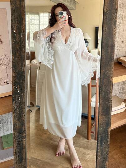 Dazy Plus فستان نوم ماكسي طويل الأكمام من الشيفون والدانتيل للنساء ذوات الحجم الكبير، مزين بخصر مشدود، ملابس نوم أنيقة للربيع والصيف