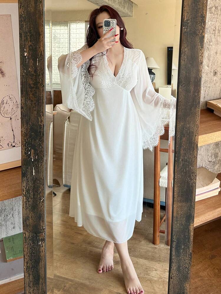 Dazy Plus Plus Size Women Contrast Lace Sexy Long Sleeve Chiffon Maxi Nightgown, Waist Cinched, Elegant Sleepwear For Spring/Summer
