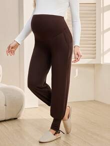 SHEIN Solid Color Maternity Casual Long Pleated Ankle-Tied Leggings - Brown - View 7