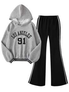 SHEIN ChillGRL Tween Girls Jacquard Hoodie Sweatshirt + Fleeced Flared Pants Casual Outfit - Grey - View 4