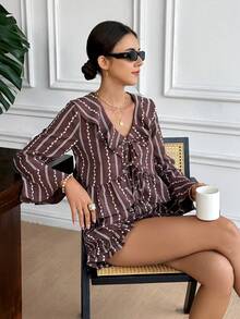 Serisse Women's Fashion Casual Ruffle Trim Top & Shorts 2 Pieces Set,Summer ,Spring Outfit Women ,Valentine's Day,Carnival, Beach , Party ,Wedding ,Elegant,Vacation, Casual Brown Two Piece Set Women Women Summer 2 Pieces Sets Short Sets For Women Vacation - Apricot - View 4