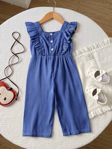 SHEIN Bộ áo liền quần tay bồng trang trí nơ, kiểu dáng thường ngày, thích hợp cho bé gái đi chơi, dự tiệc, du lịch và mặc hàng ngày vào mùa xuân/hè. - Màu xanh lam - Xem 2
