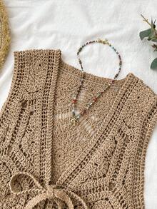 Travachic 女士纯色镂空扭结V领无袖薄款开衫，适合度假休闲、夏季假期、春假、派对、海滩、春季、情人节、女士情人节礼物、嘉年华服装，优雅、花卉图案、嘉年华、春夏、派对、墨西哥风情、外出上衣、派对上衣 - 卡其色 - 查看 4