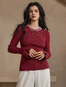 DAZY Women's Elegant Solid Color Beaded Round Neck Flare Sleeve Sweater, Autumn/Winter - Burgundy - View 5