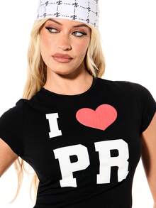 SUMWON WOMEN Slogan Graphic Baby Tee Short Sleeve Crop Top With Heart Print And Letter Design - Black - View 6