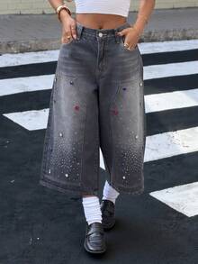 Muchica Women's Pocketed Button Rhinestone Decor Fashion Versatile Commuting Casual Wide Leg Denim Shorts - Black - View 1