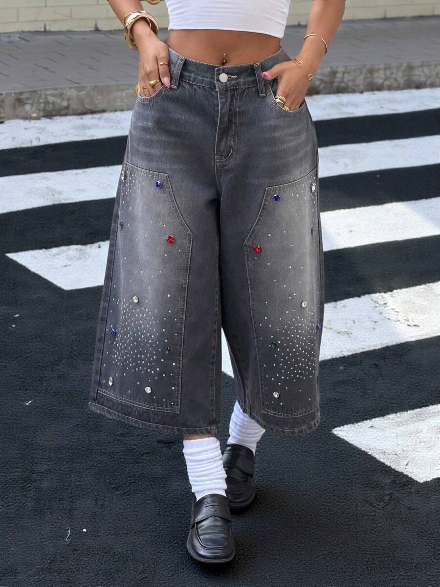 Muchica Women's Pocketed Button Rhinestone Decor Fashion Versatile Commuting Casual Wide Leg Denim Shorts - Black - View 1