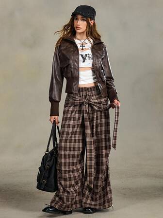 Grunge Punk Pantalones largos de pierna ancha con cuadros desgastados vintage Y2K para mujer