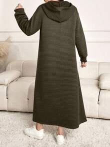 Modelyn Plus Size Women Textured Pink Hooded Dress - Army Green - View 2