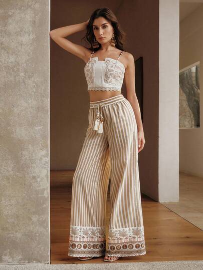 Anewsta Women's Embroidered Striped Wide Leg Pants, Elegant & Luxurious, Coffee Colored Striped Straight Leg Pants, Vacation & Casual Wear