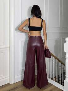 Ronhire 女士勃艮第红色皮革女裤纯色前扣简约休闲裤、日常穿着、女式下装 - 酒紅色 - 查看 2