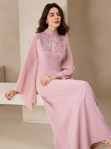 刺绣串珠浪漫风格长袖修身阿拉伯女式连衣裙 - 粉色 - 查看 7