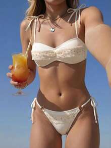 Swim Mod 女士水溶性蕾丝边饰度假优雅沙滩夏季2026奶油色系带露肩比基尼上衣 - 米色 - 查看 1