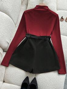 Franclia 大码女装法式休闲优雅长袖T恤和中长裙两件套，长袖上衣和系带短裙，女装套装，红黑配色，女式红色高领上衣 - 酒紅色 - 查看 2