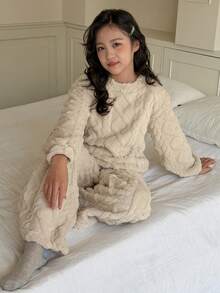 DAZY Tween Girl Plush Textured Thick Loose Fit Loungewear Set, Winter - Apricot - View 5