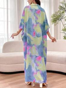 Al Najma Tie-Dye Loose Fit Short Sleeve Polo Collar Dress, Spring/Summer - Blue - View 2