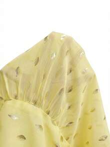 Glamine French Elegant Gold Foil Print Blouse, Removable Ruffled Hem, Spring Autumn Casual Women's Yellow Elegant Shirt For Daily Outings Cute Blouses For Women Tie Front Blouse Light Yellow Top Yellow Blouses Ruffle Blouse - Yellow - View 7