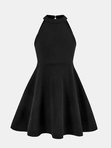 SHEIN Young Girl Casual And Elegant Solid Black Stand-Up Collar Sleeveless Waist A-Line Dress, Suitable For New Year, Valentine's Day, Birthday Party Dresses,Young Girl's Black Dress,Sisters Outfit, Little Girl Black Dress, Halter Dress For Girl - Black - View 4