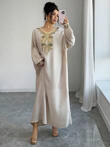 Yasmyna Women's Elegant Sequin Embroidery V-Neck Loose Dress, Autumn Kaftan Jalabiya Dress - Khaki - View 1