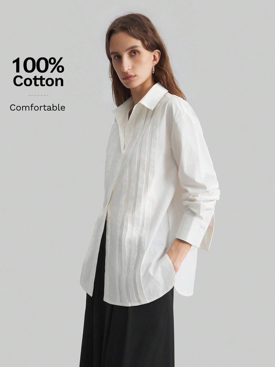 Ontre 2026SS New Long Sleeve Collared Shirt For Women, Versatile And Practical Clothing, White Collar Long Sleeve Striped Blouse, Suitable For All Seasons, Business Casual Office Wear, Low-Key Elegant Style, High-Quality Urban Commuter Airport Fashion Modern Urban Casual Fashion Business Casual Women's Office Wear Low-Key Old Money Style Effortless Temperament High-End Urban Commuting High-Quality Airport Women's Wear High-End Material