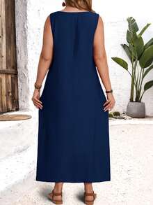 EMERY ROSE Plus Size Solid Color Round Neck Sleeveless Loose Dress With Pockets/Summer/Spring/Vacation - Navy Blue - View 2