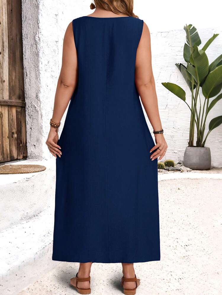 Plus Size Solid Color Round Neck Sleeveless Loose Dress With Pockets/Summer/Spring/Vacation