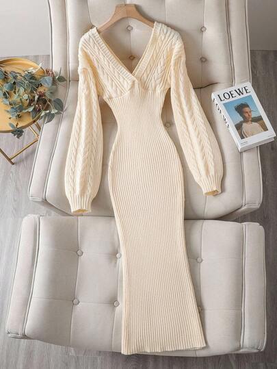 Franclia 大码女式秋季麻花针织V领长袖修身性感优雅毛衣连衣裙，灯笼袖，杏色，适合秋季、派对、婚礼宾客穿着