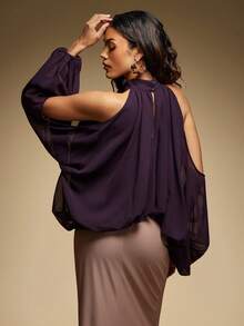 Hauture Women's Solid Color Off-Shoulder Lantern Sleeve Loose Fashion Top - Purple - View 2