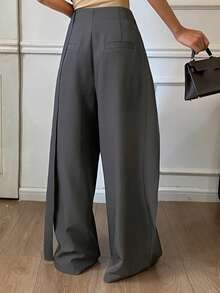 DAZY 女士优雅宽松系带斜领纯色长裤，适合春秋季穿着 - 灰色 - 查看 2