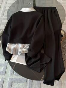 Franclia Bộ 2 món gồm áo nỉ dài tay in sọc và quần đen, trang phục thường ngày. - màu đen - Xem 2