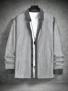 Manfinity AFTRDRK 男士拼接亮片装饰长袖衬衫，镶钻男装，闪亮衬衫，亮片衬衫，男士奢华服装，2026新年快乐金色男士夹克 - 淺灰色 - 查看 3