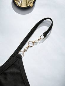 女士性感珍珠链丁字裤，黑色 - 黑色 - 查看 4