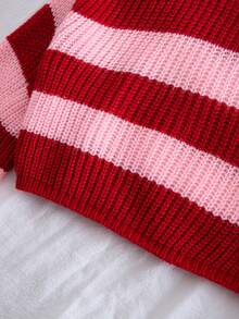 SHEIN Playful Pals 女婴休闲条纹撞色针织衫，长袖，秋冬款 - 紅色 - 查看 3