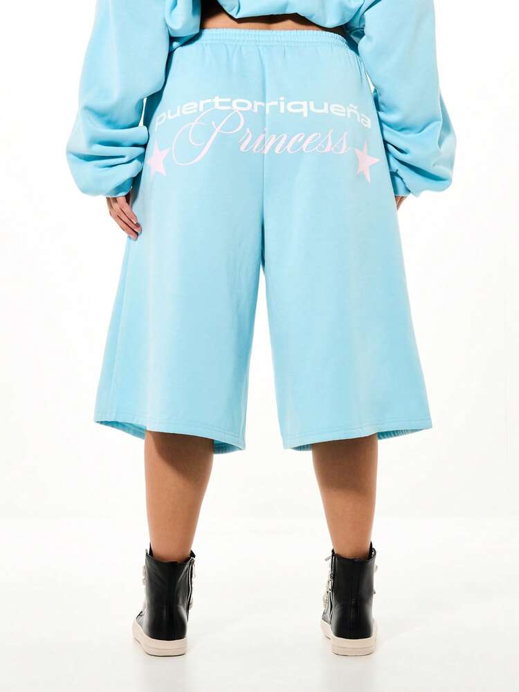 SUMWON WOMEN Wide Leg Graphic Jorts With Text