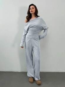 SHEIN Tall 2pcs Women Casual Asymmetric Off Shoulder Sweatshirt Top And SweatPants Set,Fall Clothes For Women,Back To School Clothes - Grey - View 4
