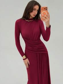 Aloruh Women's Solid Color Pleated Collar Fitted Elegant Long Sleeve Dress - Burgundy - View 6