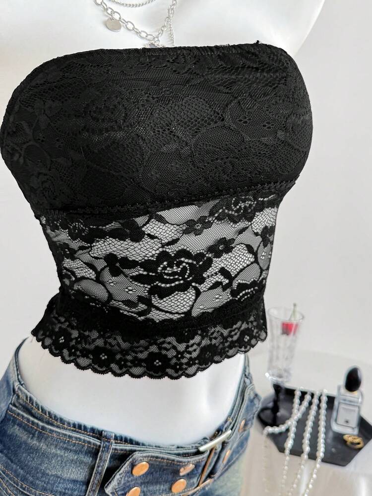 SHEIN EZwear Quý cô Ren - màu đen - Xem 4