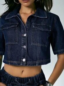 Denimoi 翻盖口袋纽扣前襟休闲宽松短款牛仔上衣 女士牛仔上衣 夏季时尚短袖牛仔上衣 翻领牛仔上衣 短款牛仔上衣 夏季女士上衣，纳什维尔女士 - 深色水洗藍 - 查看 3