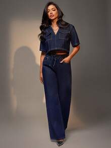 Denimoi 翻盖口袋休闲宽松短款牛仔上衣 - 淺色水洗藍 - 查看 5