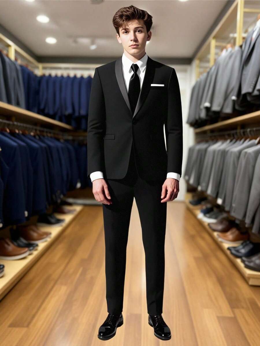 Young Men Black Regular Sleeve Lapel Neckline Graphic Polyester Suit For Everyday Casual Occasions - Black - View 1