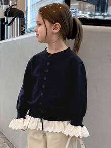 DAZY Young Girls Patchwork Contrast Ruffle Trim Drawstring Tie Front Casual Cardigan - Navy Blue - View 5