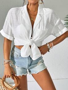 SHEIN Swim Women Simple Solid Color Short Sleeve Kimono Cover Up,Summer Beach Beach Outfit For Womenbeach Cover Up Womenlong Shirtbeach Shirt - White - View 5