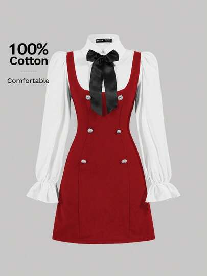 SHEIN MOD Damklänning i enfärgad lapptäcke med knappar framtill, rosettdekor, minimalistisk