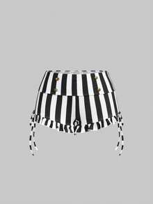 ROMWE Women's Black & White Striped Super Short Mini Ultra Low Waist Frill Trim Shorts - Black and White - View 1