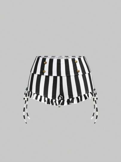 ROMWE Women's Black & White Striped Super Short Mini Ultra Low Waist Frill Trim Shorts